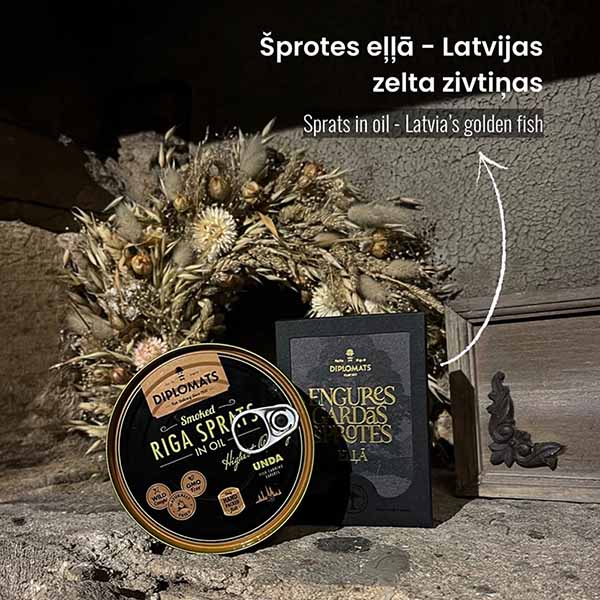 Latvijas šprotes eļļā un citi tradicionālie Baltijas zivju produkti degustāciju pagrabā.