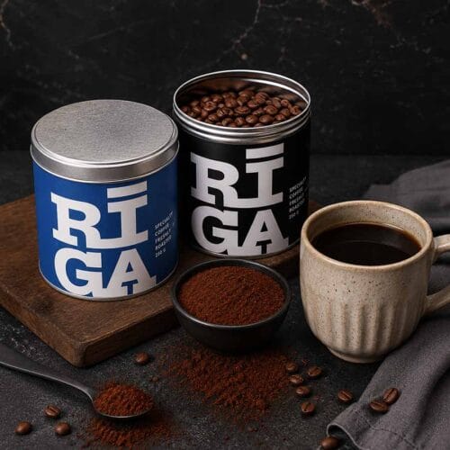 Riga Original kafijas bundžas ar svaigi grauzdētām pupiņām, malto kafiju un ielietu krūzi