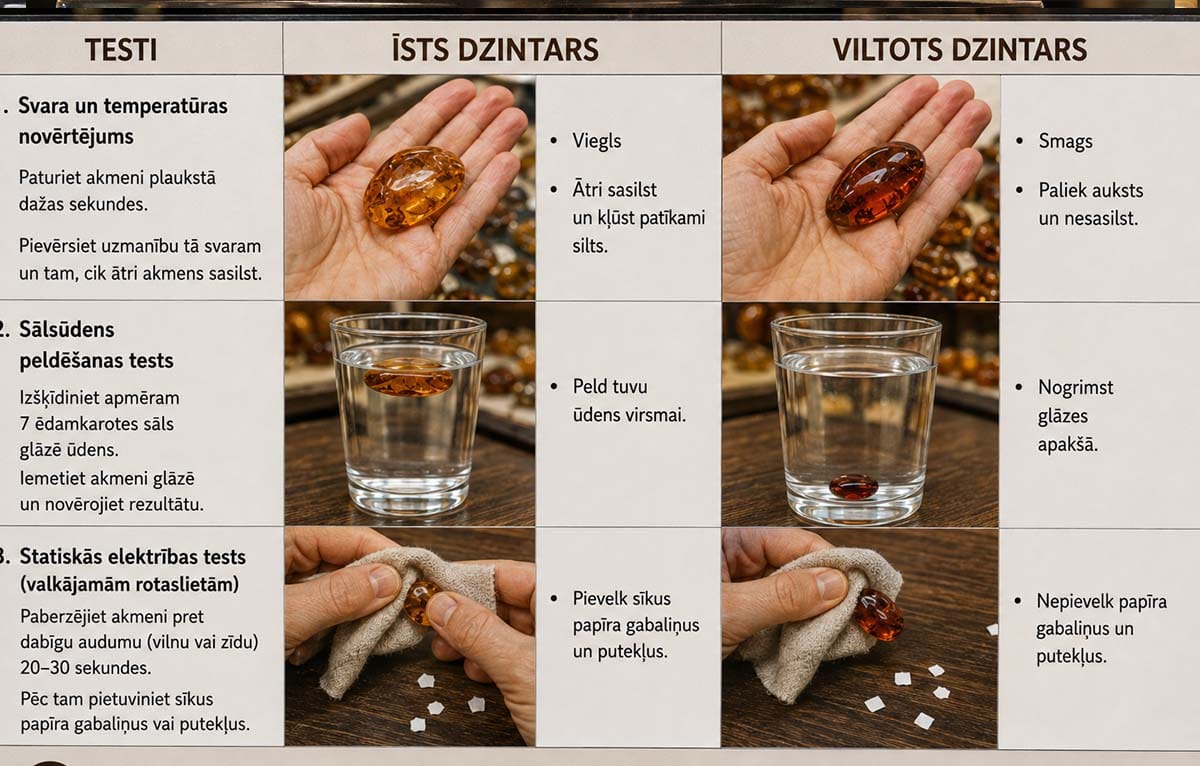 Īsta un viltota dzintara salīdzinājums – pārbaudes testi