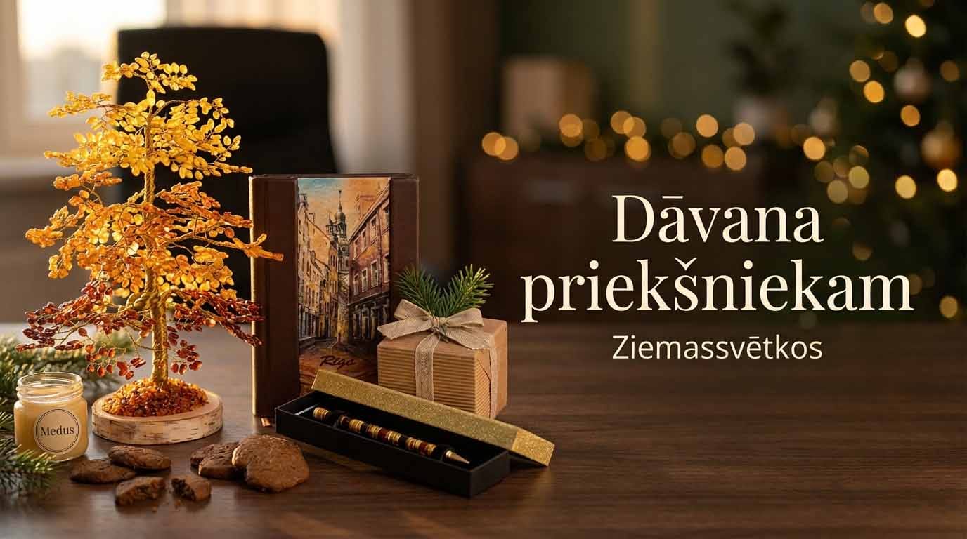Dzintara naudas koks un dāvanu komplekts ar Rīgas motīviem – dāvana priekšniekam Ziemassvētkos