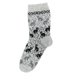 Knitted wool socks with cats, light grey