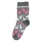 Knitted Wool Socks with Pink Cats, Dark Grey