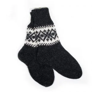 Knitted wool socks with patterns, black