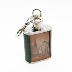 Stainless steel flask – keychain with leather wrapped cover, riga, house of the blackheads