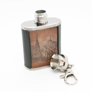 Stainless steel flask – keychain with leather wrapped cover, riga, house of the blackheads