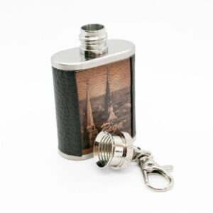 Stainless steel flask – keychain with leather wrapped cover, riga, st. peter's church