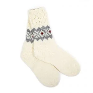 Women’s knitted wool socks with patterns, white