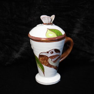 Ceramic mug with lid, bird theme, white, 250 ml