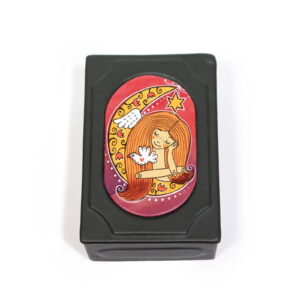 Rectangular leather box with angel on the moon, 12x8 cm