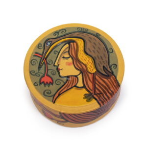 Round leather box with woman and bird, ⌀ 10 cm
