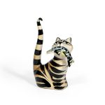 Ceramic Cat and Fish Figure, 13.5 cm