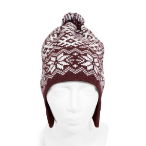 Knitted hat with ethnographic symbols, burgundy