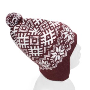 Knitted hat with ethnographic symbols, burgundy