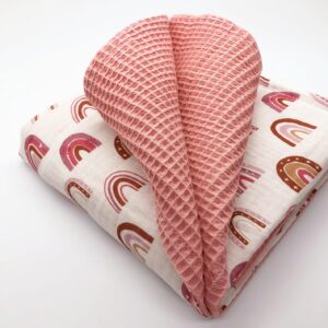 waffle-blanket-with-rainbows-pink-fold2-13102 Waffle blanket with rainbows, pink, 70x100 cm