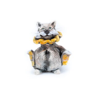 Ceramic figure - cat with collar and pockets, 9.5 cm
