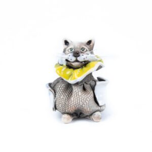 Ceramic figure - cat with collar and pockets, 9 cm