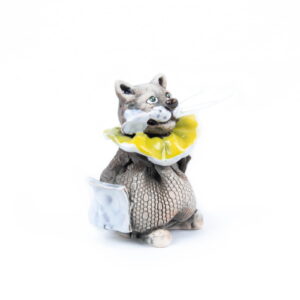Ceramic figure - cat with collar and pockets, 9 cm