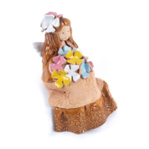 Ceramic figure – sitting angel with flowers, 18.5 cm