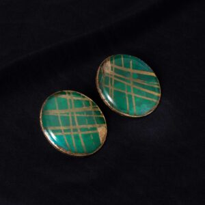 Paper button earrings, green with gold