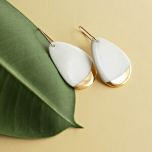 Porcelain earrings - droplets, white with gold edge