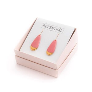 Porcelain earrings - elongated drops, pink with gold edge