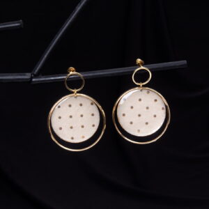 Round paper earrings with frame, grey with gold dots