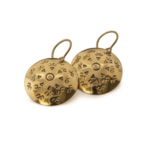 Brass earrings with ethnographic symbols, ⌀ 25 mm