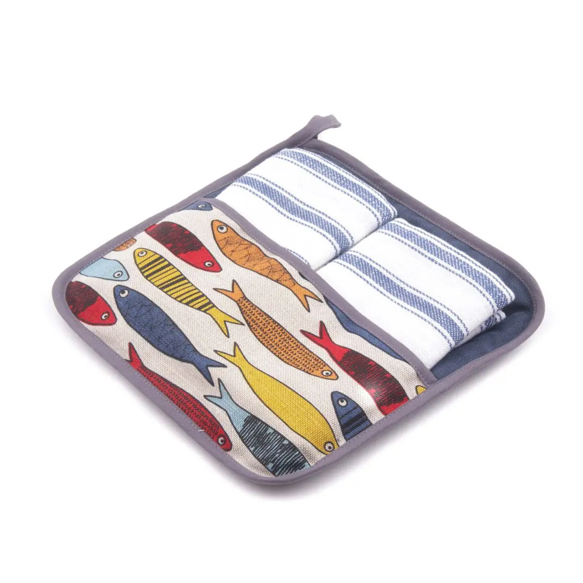 Linen kitchen towel set with holder, colorful fish