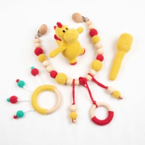 Baby gift set - stroller chain, teether, rattle, toy