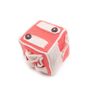 Crocheted activity cube, salmon color, 10x10 cm