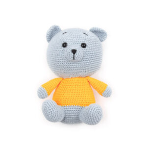 Crocheted soft toy - blue teddy in yellow sweater, 14 cm