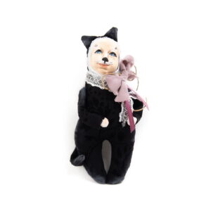 Doll in black cat costume with pink bow, 17.5 cm
