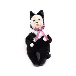 Doll in black cat costume with pink bow, 19 cm