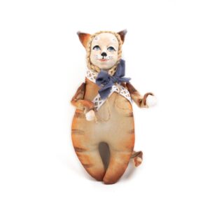 Doll in brownish cat costume with blue bow, 18 cm