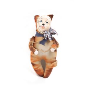 Doll in brownish cat costume with checkered bow, 18 cm