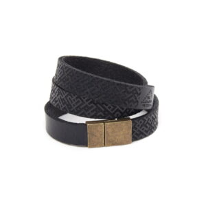Triple wrap leather bracelet with lielvardes belt pattern, black