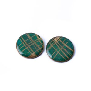 Paper button earrings, green with gold