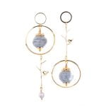 Paper Earrings with River Pearl and Birds, Asymmetrical