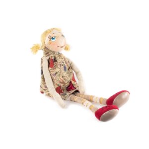 Smiling girl with golden braids - cute and adorable stuffed toy