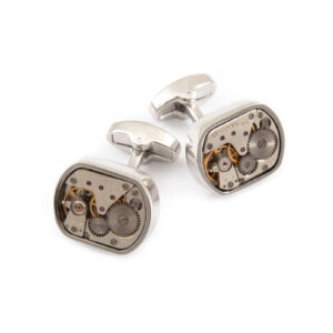 Cufflinks with watch mechanism, rectangle, silver color