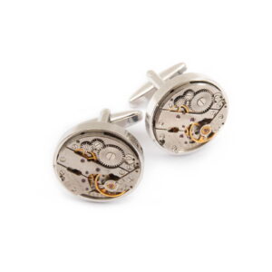 Cufflinks with watch mechanism, round, silver color