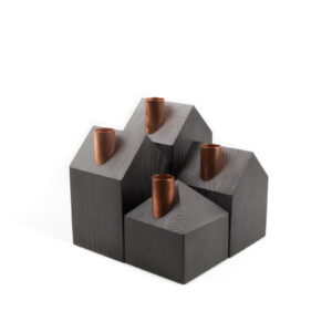 House-shaped pinewood candle holders, metallic black