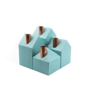 House-shaped pinewood candle holders, turquoise