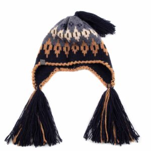 Knitted wool hat with pattern and tassels, multicolor