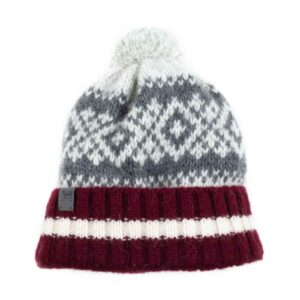 Knitted wool hat with pattern and pom pom, rollup edge, multicolor