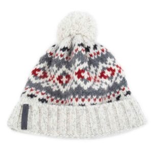 Knitted wool hat with pattern and pom pom, rollup edge, white