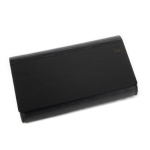 Leather and wood clutch bag, glossy black