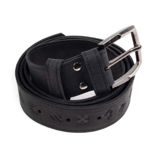 Leather belt with ethnographic signs, black
