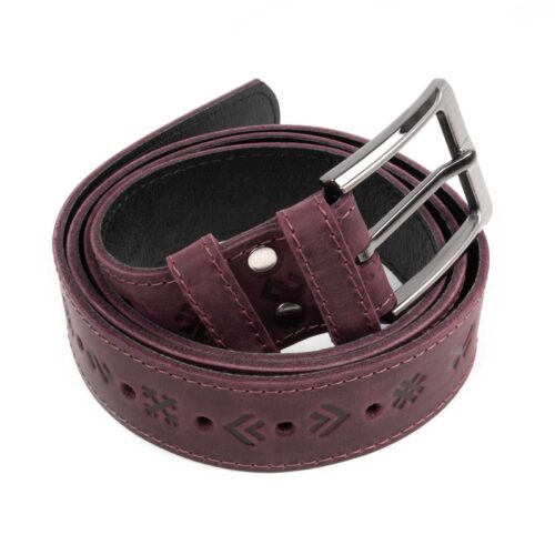 Leather belt with ethnographic signs, burgundy