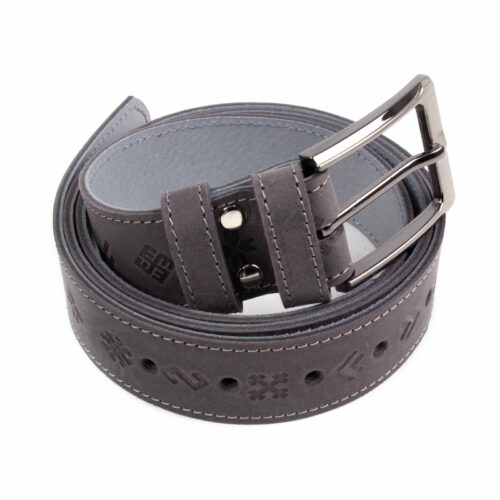 Leather belt with ethnographic signs, grey